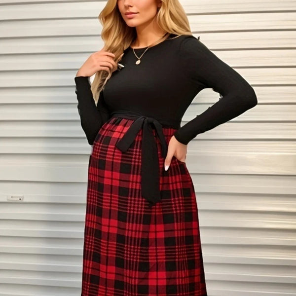 Plaid Long Sleeve Loose Fit Maternity Dress