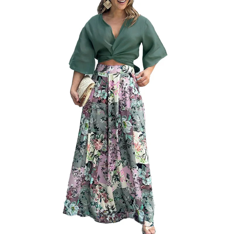 Twisted Open Top and Flower Printed Wide Leg Pants Set