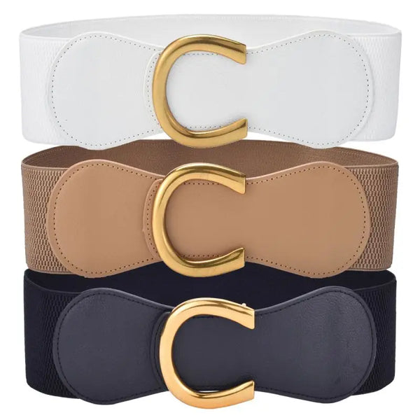 Stretchy Elastic Cinch Waist Belt with Big Gold Alloy Buckle