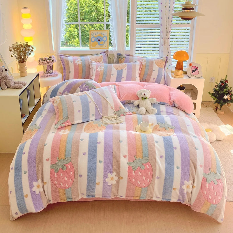 Thick Fleece Flower Duvet Cover for Girls – Pink Winter Warm Quilt Cover