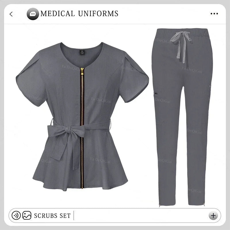 Women's Nursing Scrubs Sets - Zippered Top with Belt and Tapered Leg Pants