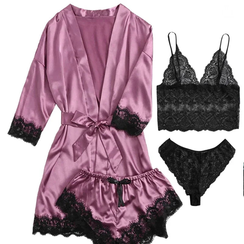 Lace Camisole, Shorts, and Robe Pajama Set