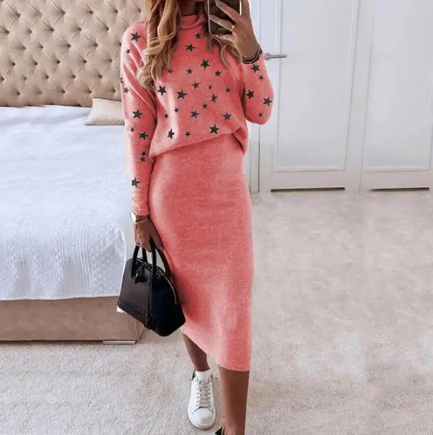 Women's Long Sleeve Printed High Neck Tight Top & Casual Wrap Hip Skirt Set