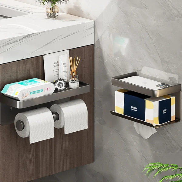 Wall Mounted Double Toilet Paper Roll Holder with Storage Tray