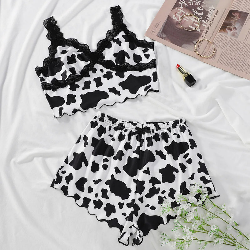 Cow Pattern Lace Edge Camisole Pajama Set