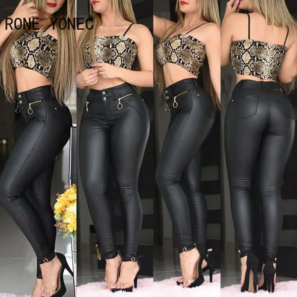 PU Leather Zipper Waist Skinny Pencil Pants