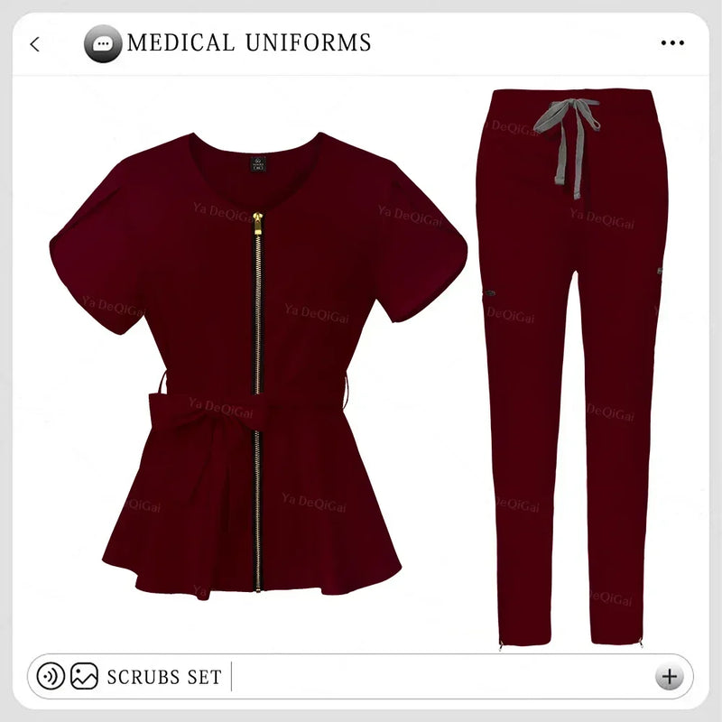 Women's Nursing Scrubs Sets - Zippered Top with Belt and Tapered Leg Pants