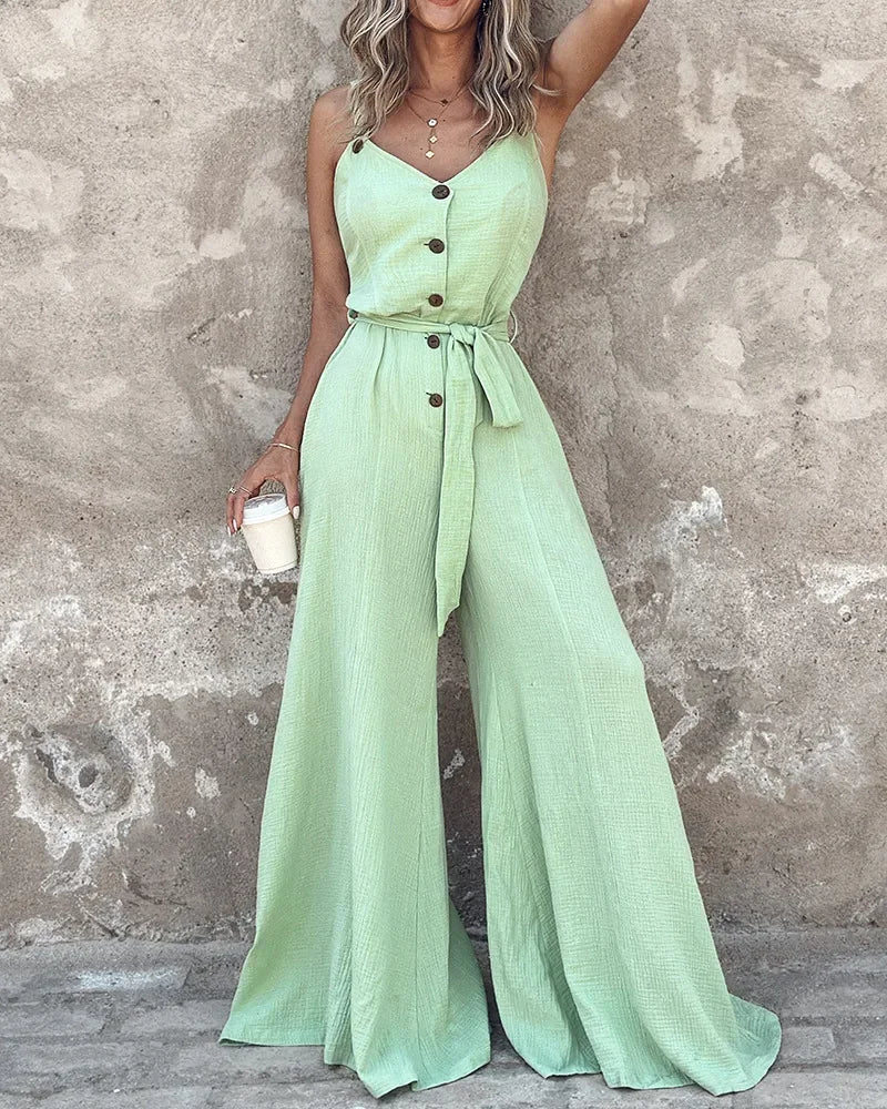 Sleeveless Buttoned Loose Wide Leg Jumpsuit