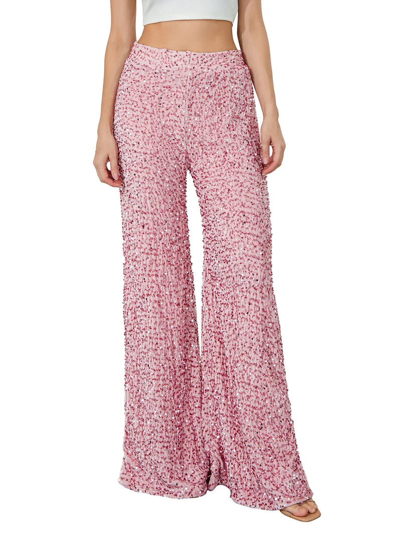 Women’s Casual Loose Wide Leg Pants – Elastic Band High Waist Sequin Trousers