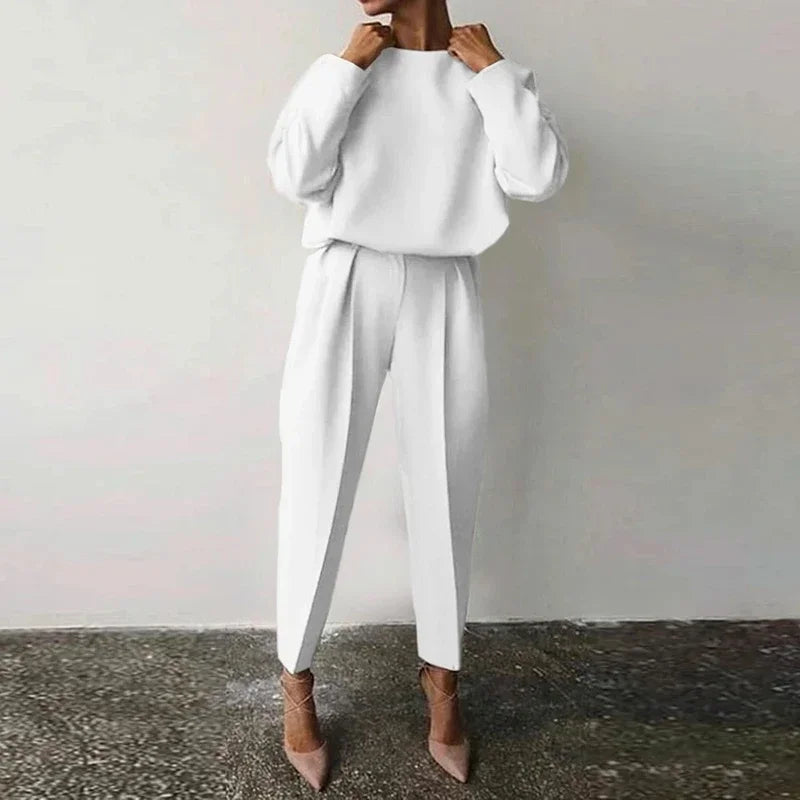 Casual O-neck Full Sleeve Pullover Pleated Long Trousers 2-Piece Outfit