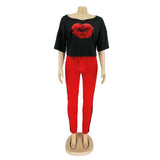 2-Piece Women's Tracksuit: Lips Print Top + Jogger Pants Set