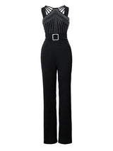 Black Multi Strap Sleeveless Rhinestone Bootcut Jumpsuit