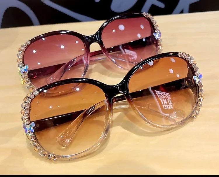 Bling Rhinestone Vintage Gradient Lens Sunglasses UV400