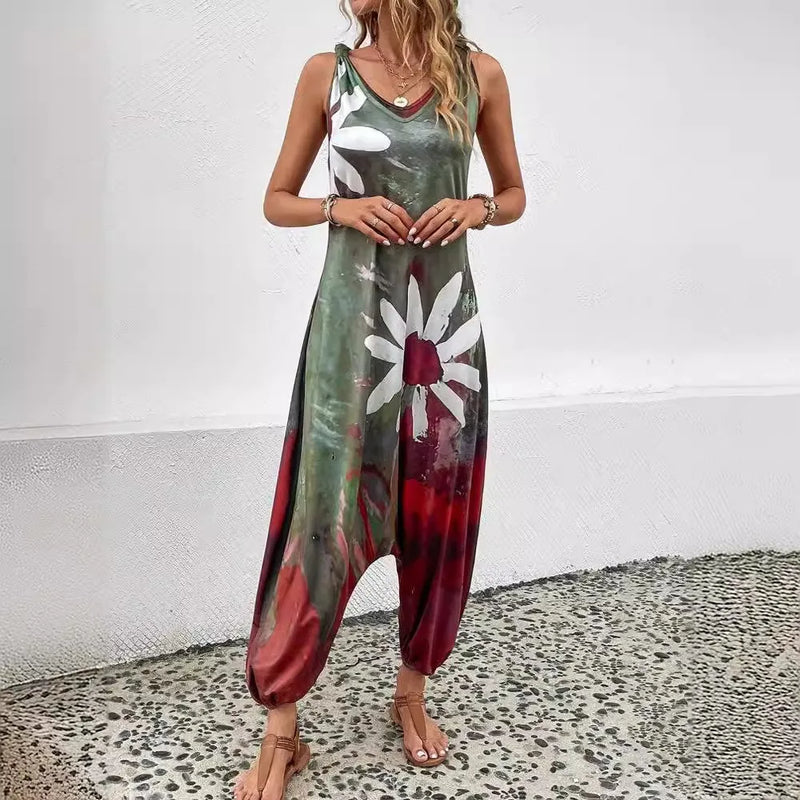 Fashion Printed Sleeveless V-neck jumpsuit