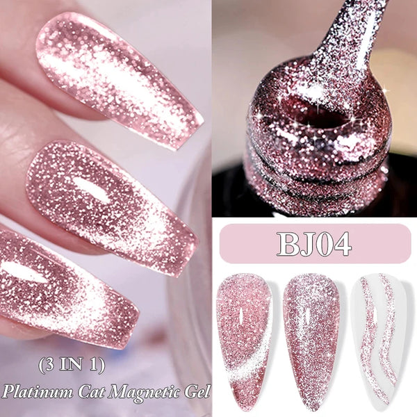 3 IN 1 Platinum Rose Gold Magnetic Gel Nail Polish - Moonlight Magnetic Gel Varnish with Glitter