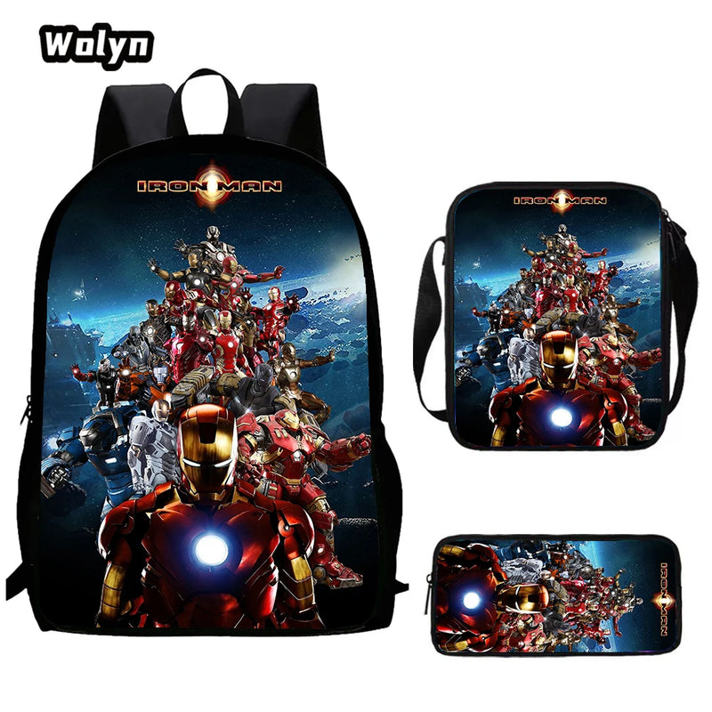 3-PCS Set Cartoon Anime Iron Man Kids School Backpack