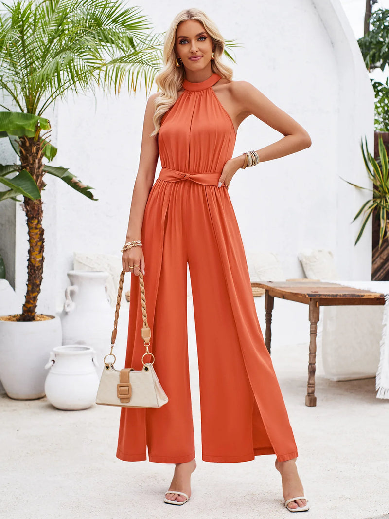 Solid Color Hanging Neck Strap Jumpsuit