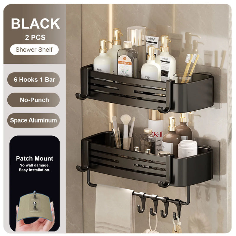 Punch-Free Bathroom or Shower Shelf - Aluminum Hanging Rack