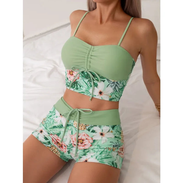 Printed Drawstring High Waist Swimsuit