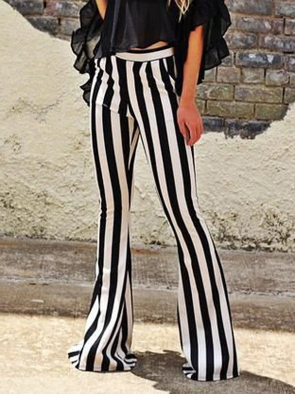 Black & White Striped Printed High Waist Casual Wide Leg Trousers