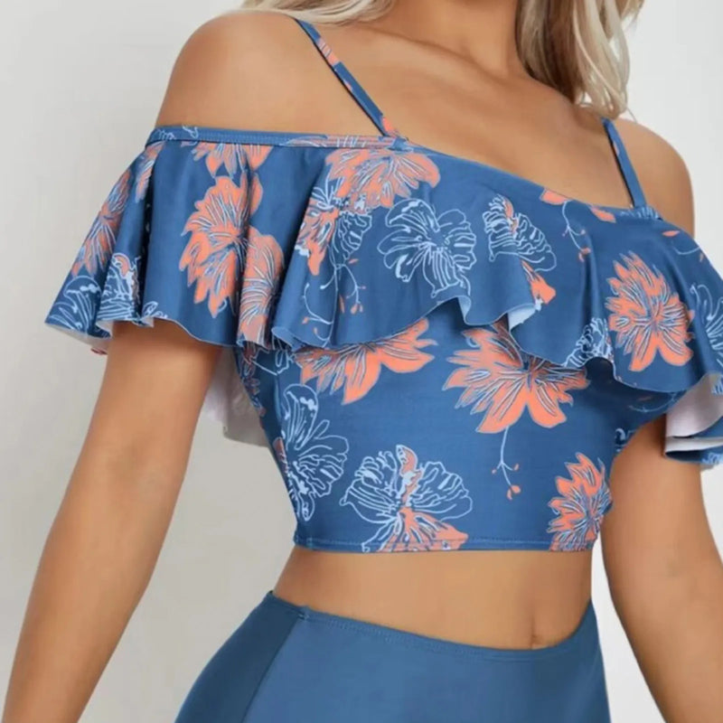 Off Shoulder Ruffles with Shorts Split Swimsuit