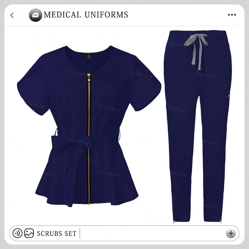 Women's Nursing Scrubs Sets - Zippered Top with Belt and Tapered Leg Pants