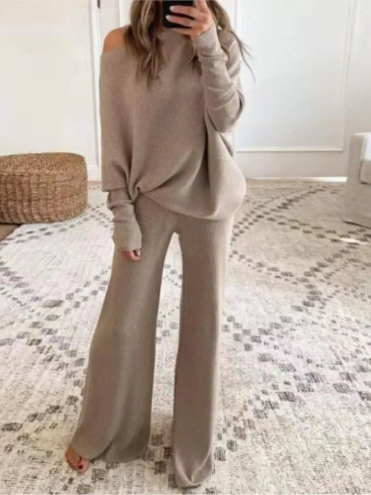 Long-Sleeved Bateau Collar Top & Wide-Leg Pant Set