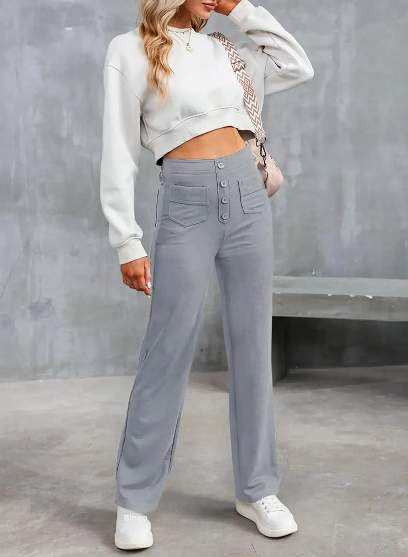 Fashionable New Women's Straight-leg Casual Pants - High-waisted, Buttoned, Elastic Waist with Multiple Pockets