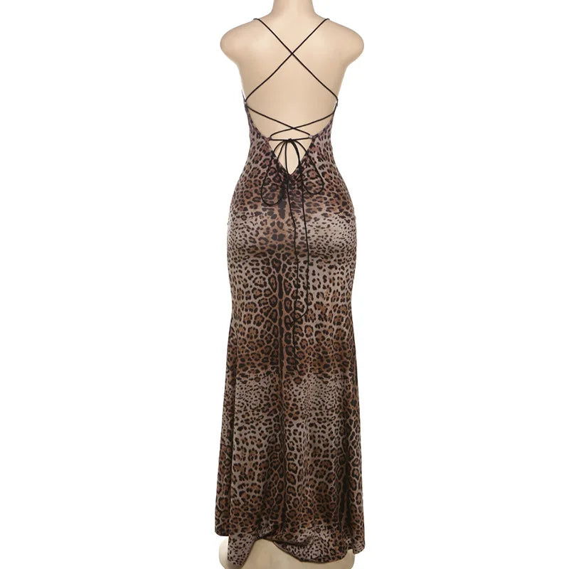 Autumn and Winter New Women's Clothing INS Sexy V-neck Backless Strap Slim Leopard Print Dress Women