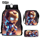 3-PCS Set Cartoon Anime Iron Man Kids School Backpack