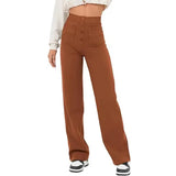 Fashionable New Women's Straight-leg Casual Pants - High-waisted, Buttoned, Elastic Waist with Multiple Pockets