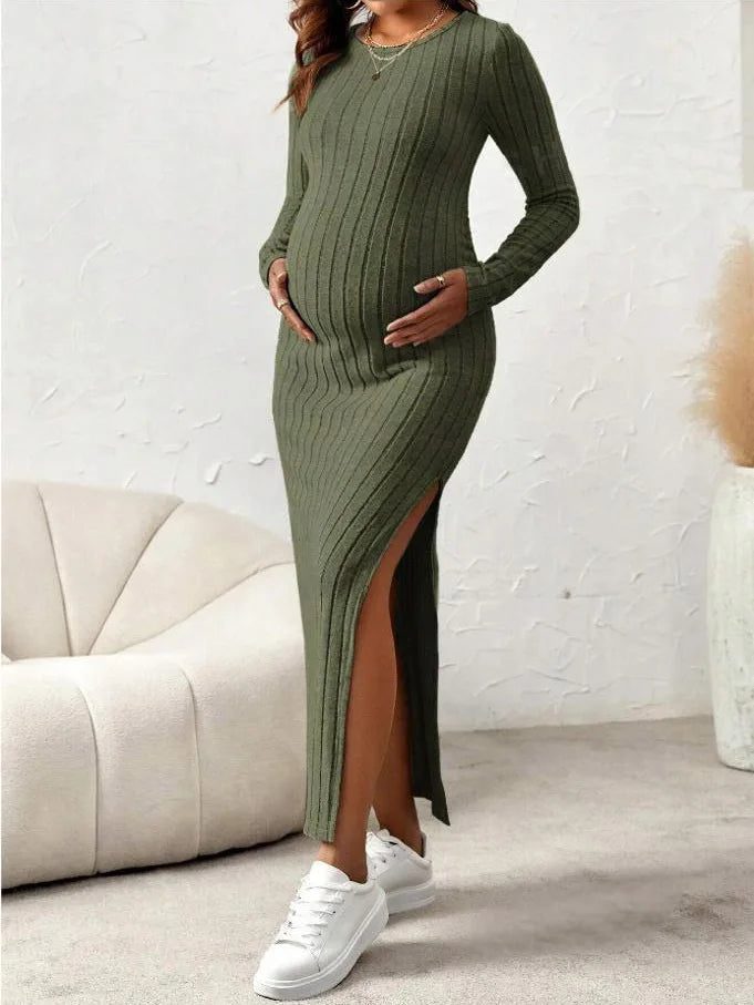 Long Sleeve Rib Knit Solid Color Maternity Dress