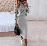 Women's Long Sleeve Printed High Neck Tight Top & Casual Wrap Hip Skirt Set