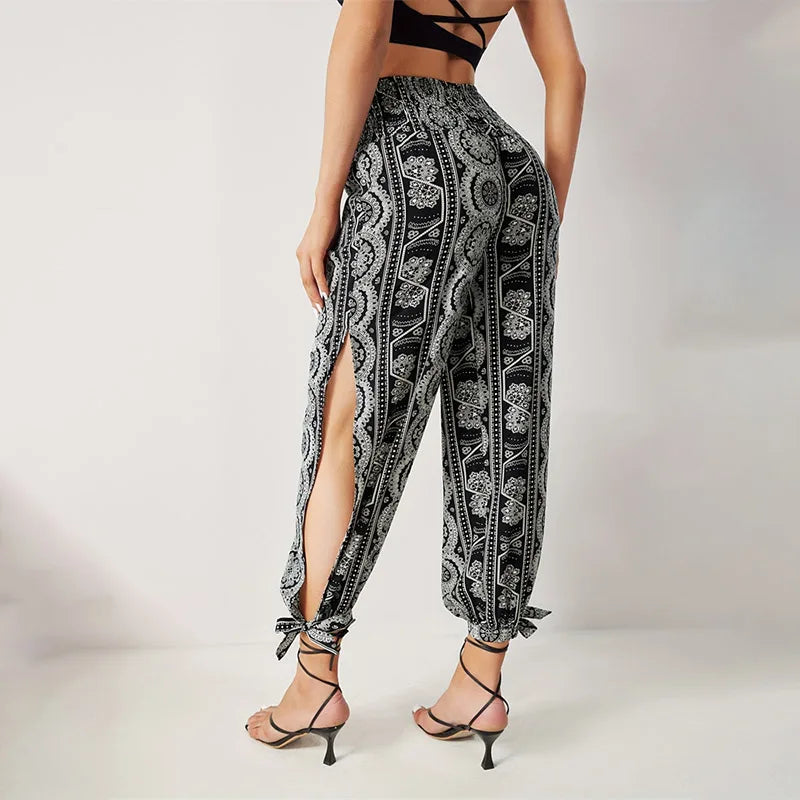 High Waisted Slit Wide Leg Casual Solid Hollow Trousers