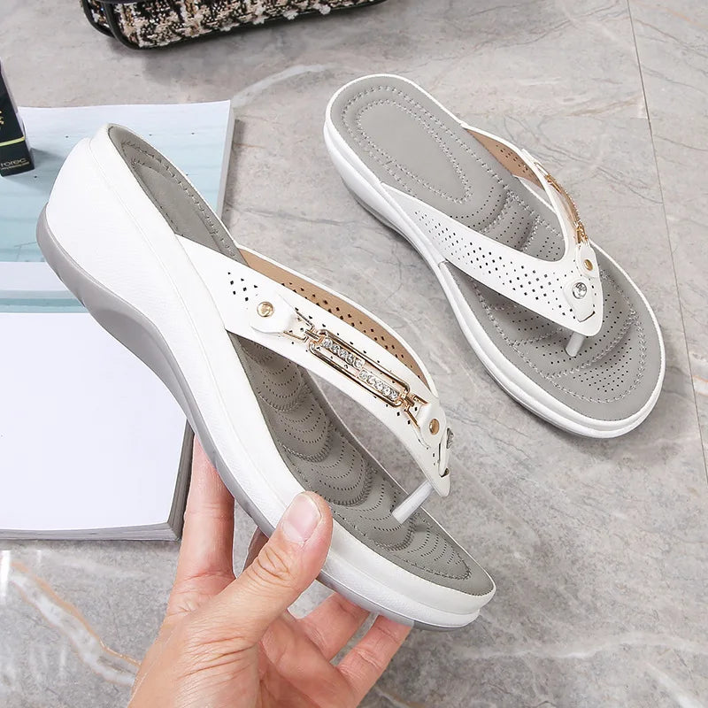 New Fashion Metal Button Slides - Wedge Beach Sandals