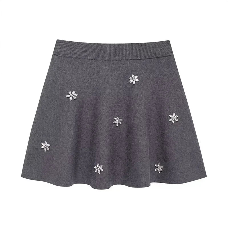 Knitted Rhinestone Mini Skirt Set