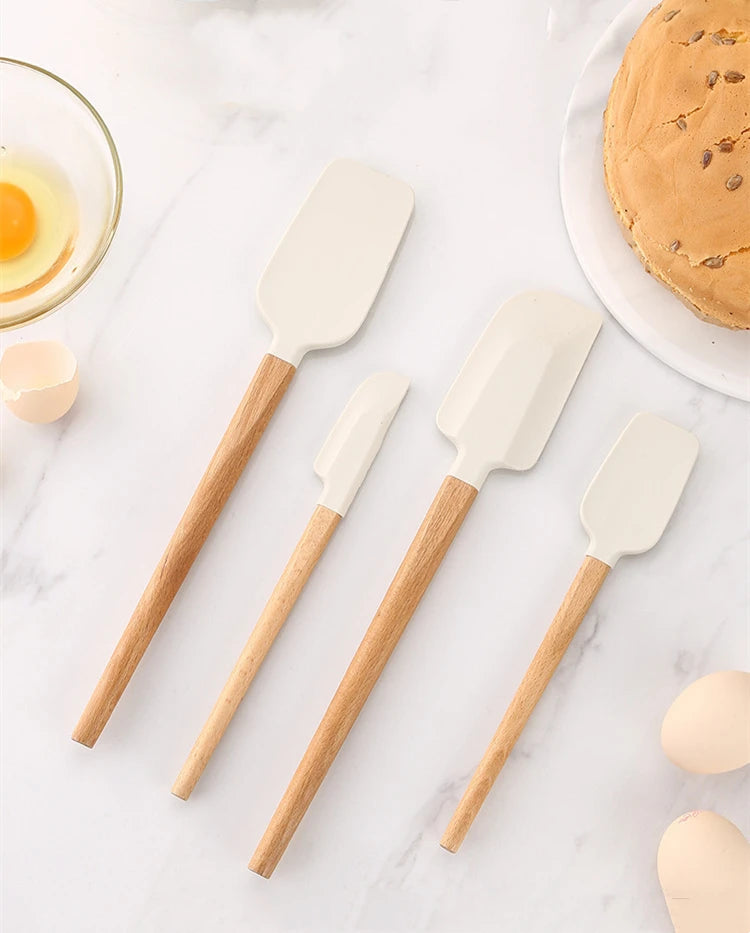 2Pcs/Set White Silicone Cream Spatula - Non-stick Pastry Blenders with Wood Handle