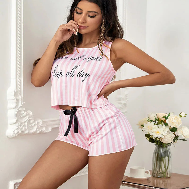 2PCS/Set Women Pajamas Printed Vest Shorts Striped