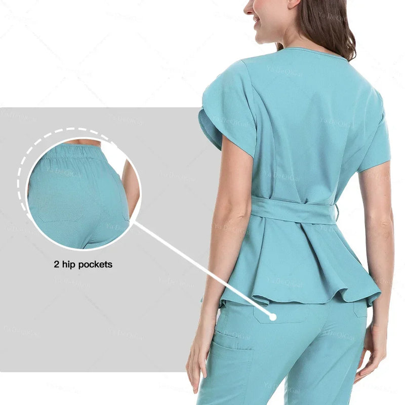 Women's Nursing Scrubs Sets - Zippered Top with Belt and Tapered Leg Pants