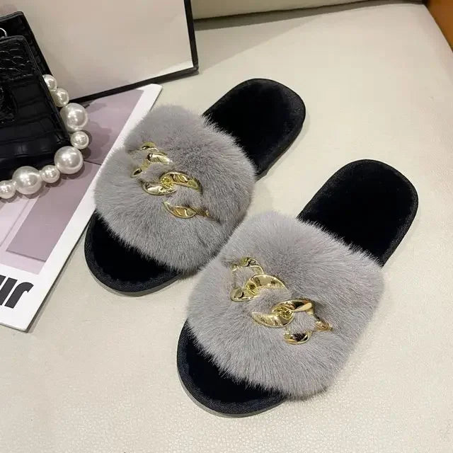 Fluffy Fur Slippers - Fashion Chain Design Women Home Slippers