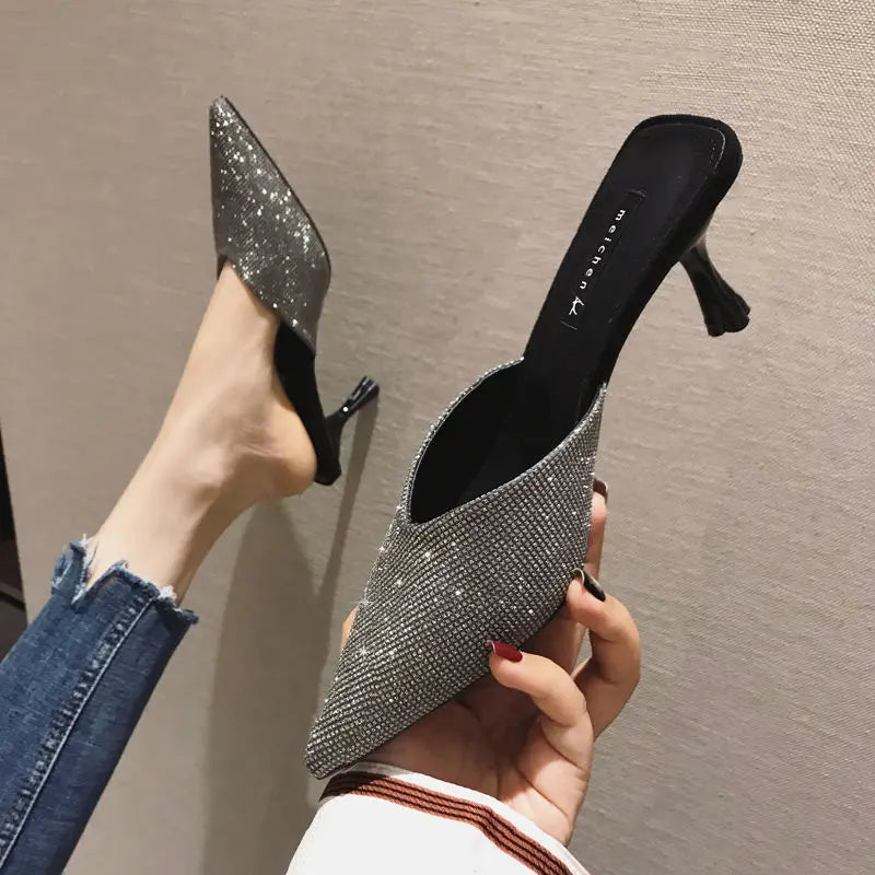 Rhinestone Women's Mule Slides Heeled Pointed Toe