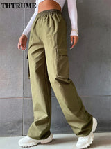 Fashion Solid High Elastic Waist Pocket Straight Cargo Pants