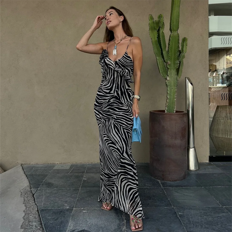 Slim Fit Long Ruffle Animal Print Backless Dress