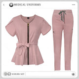 Women's Nursing Scrubs Sets - Zippered Top with Belt and Tapered Leg Pants