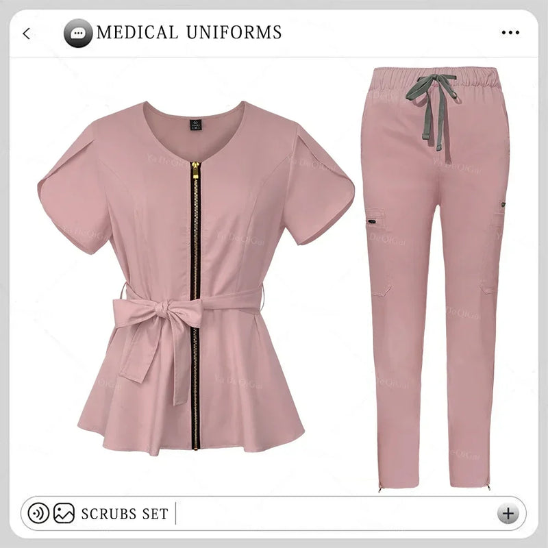 Women's Nursing Scrubs Sets - Zippered Top with Belt and Tapered Leg Pants