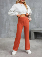 Fashionable New Women's Straight-leg Casual Pants - High-waisted, Buttoned, Elastic Waist with Multiple Pockets