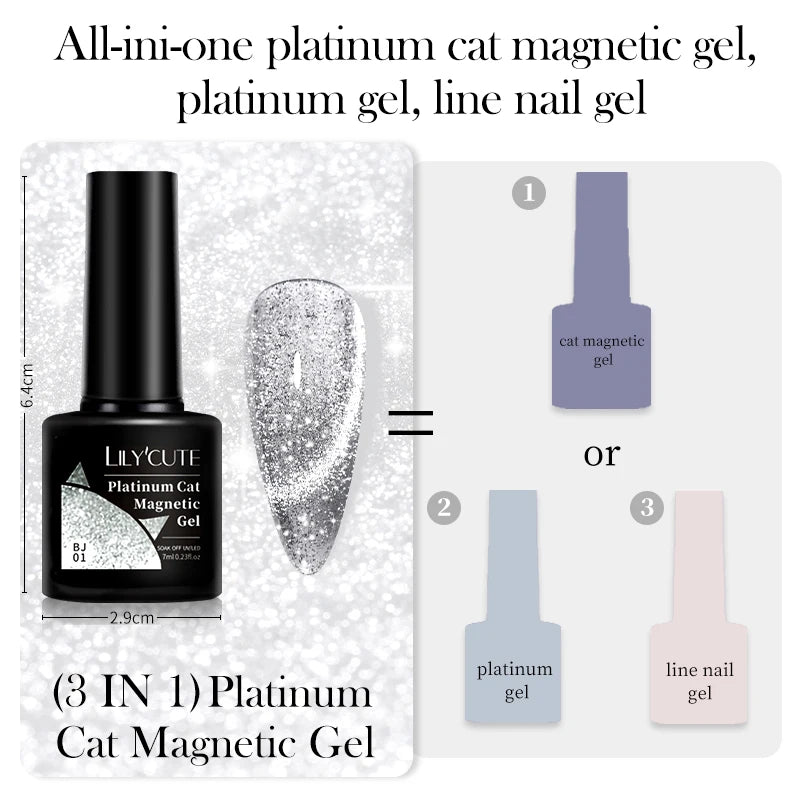 3 IN 1 Platinum Rose Gold Magnetic Gel Nail Polish - Moonlight Magnetic Gel Varnish with Glitter