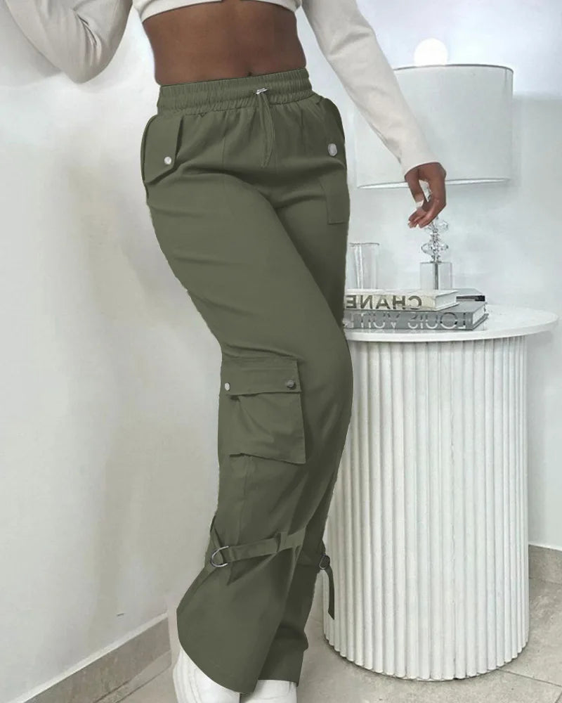 Women's Solid Color Casual Multi-Pocket Cargo Pants