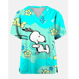 Snoopy Cartoon Print Scrub Tops