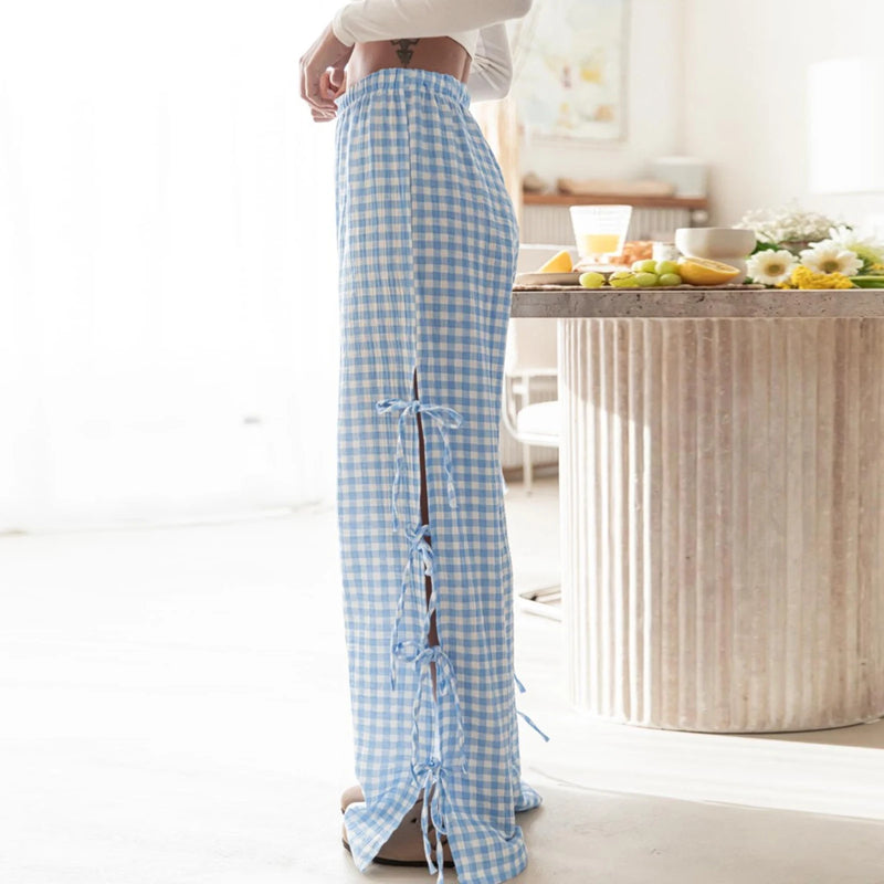 Women's Plaid Stripe with Side Ties Wide Leg Lounge Pants – Summer Casual Pajama Pants